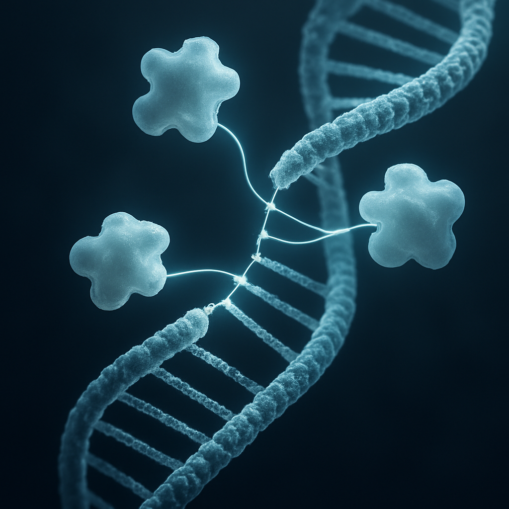 Abstracte weergave van DNA-herstel op moleculair niveau, relevant voor gezonde veroudering en celreparatie