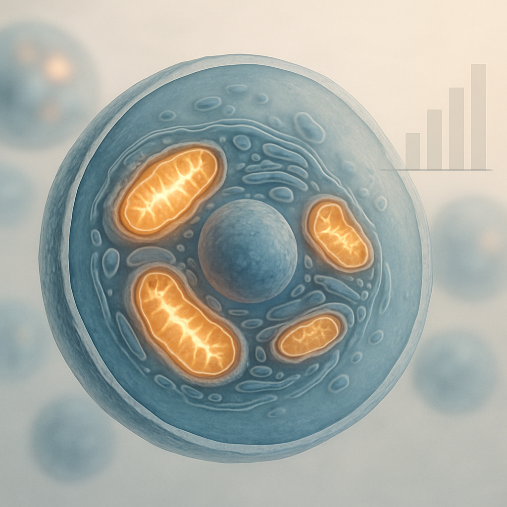 Celdiagram met mitochondriën dat het wetenschappelijk onderzoek naar NMN bijwerkingen visualiseert