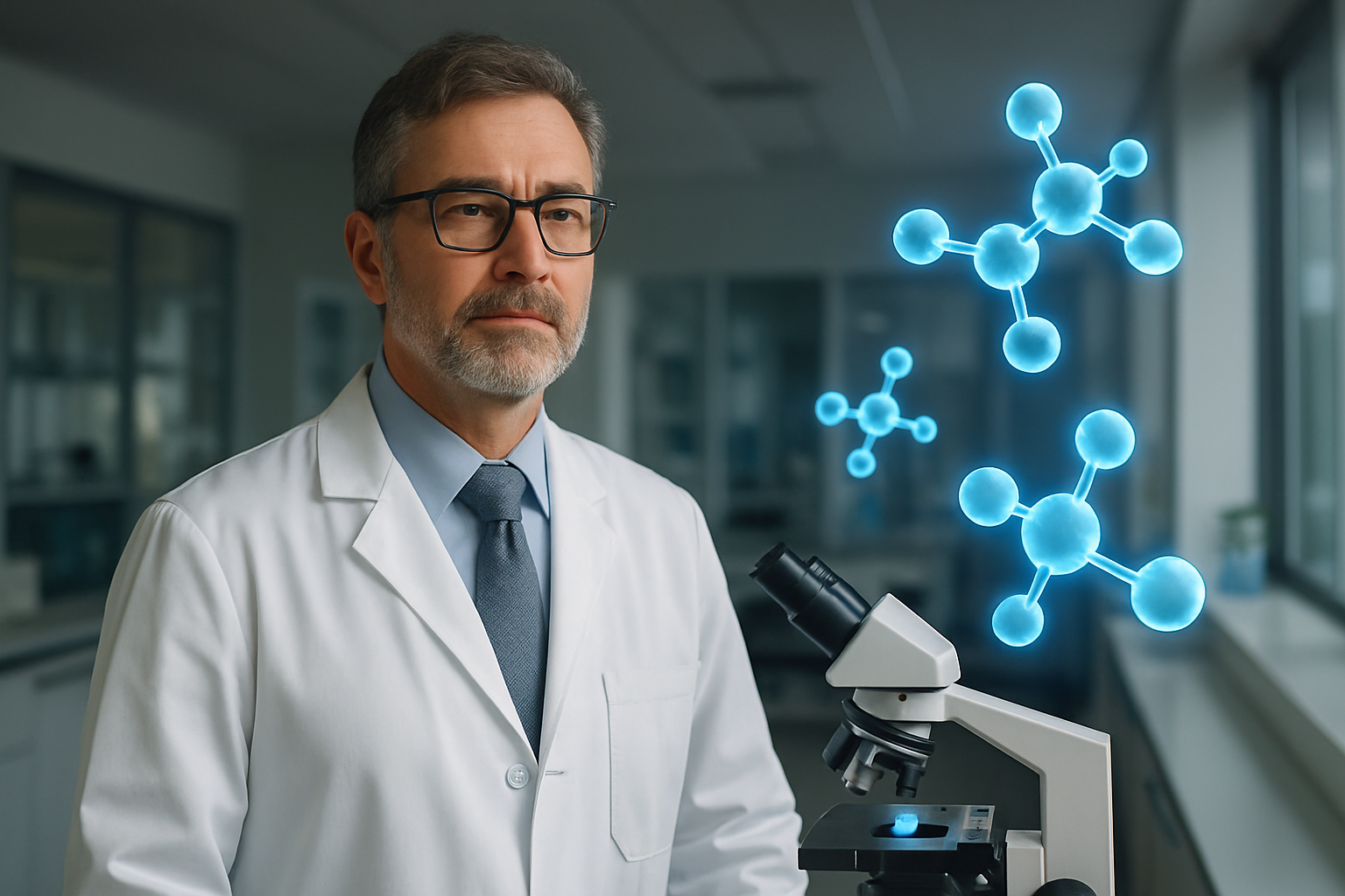 David Sinclair NMN onderzoeker in laboratorium met moleculaire structuren en modern wetenschappelijk apparatuur