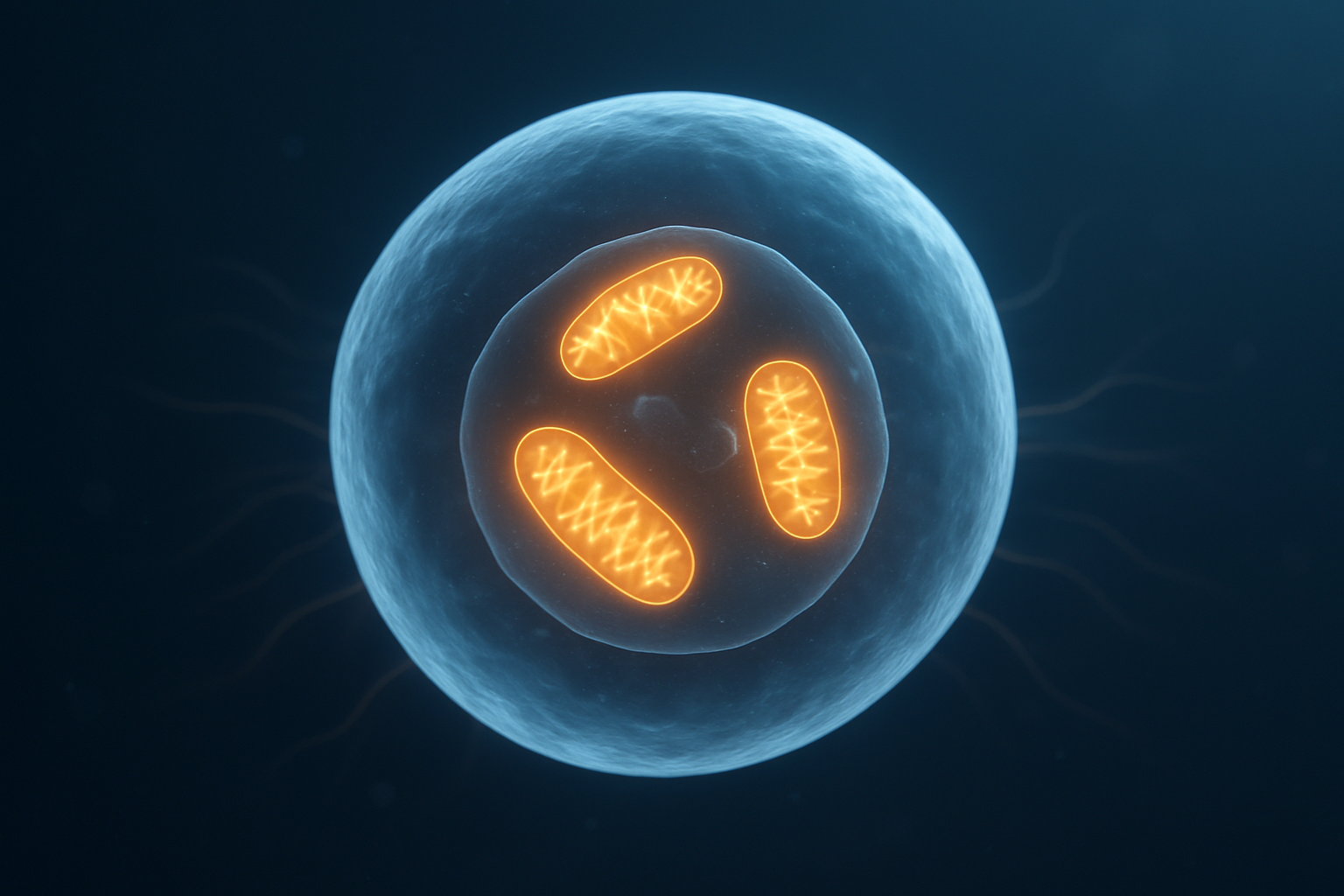 Gloeiende cel met actieve mitochondriën — visuele weergave van NAD+ verhogen en celenergie