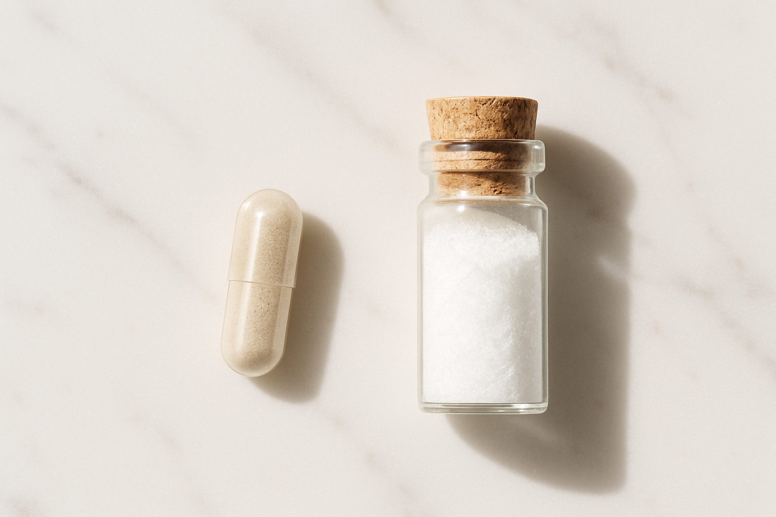 Hoogwaardige NMN capsule naast een glazen vial met zuiver poeder — uthever nmn kwaliteit zichtbaar gemaakt