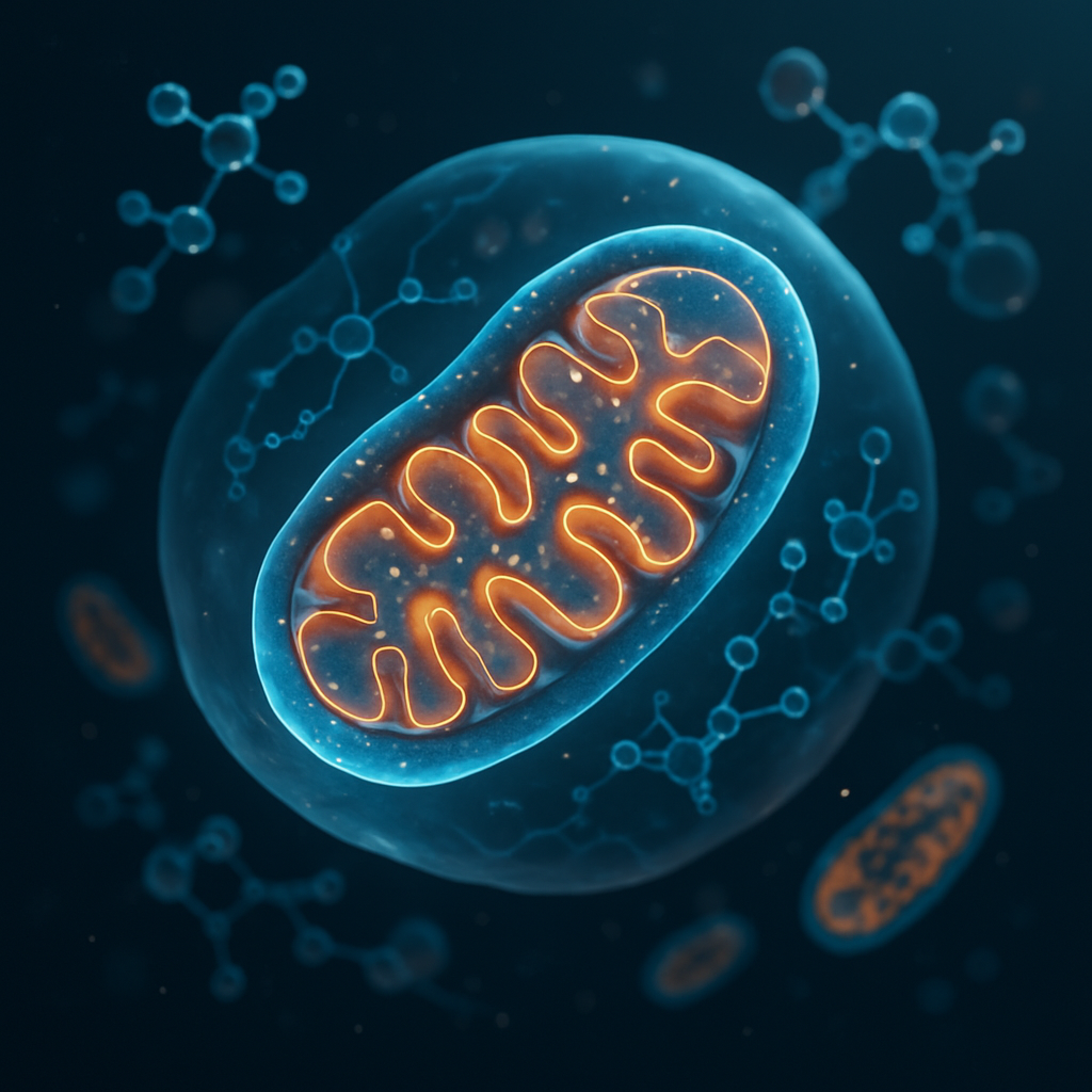 Illustratie van mitochondriën in een cel, centraal in de biologische processen bij gezonde veroudering