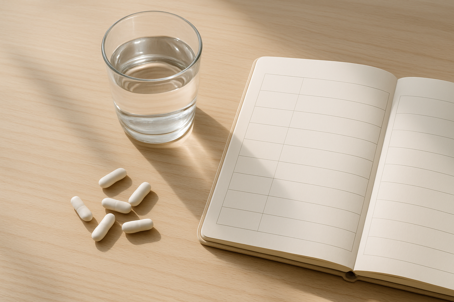 NMN dosering overzicht: capsules, water en een weekplanner voor dagelijkse inname