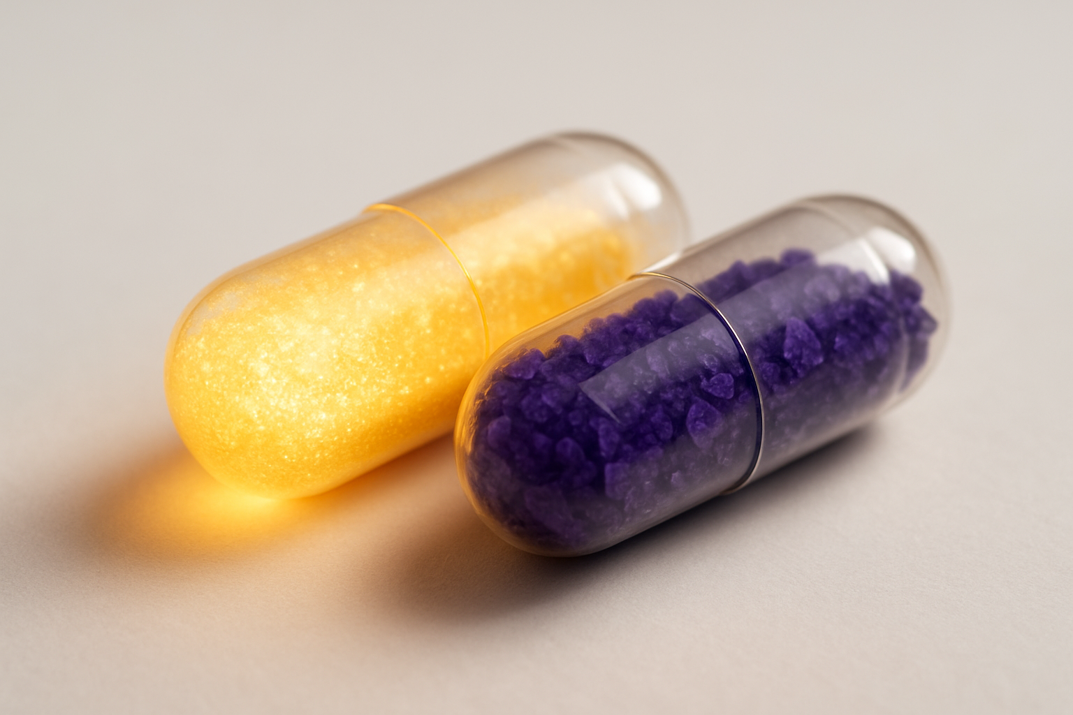 NMN en resveratrol combinatie als twee glanzende capsules naast elkaar op een witte ondergrond