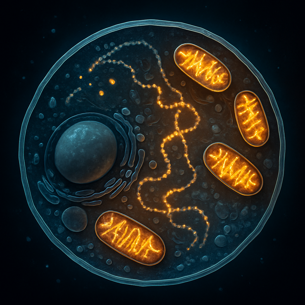 NMN in het lichaam: cel met gloeiende mitochondriën die energie aanmaken via NAD+ precursors