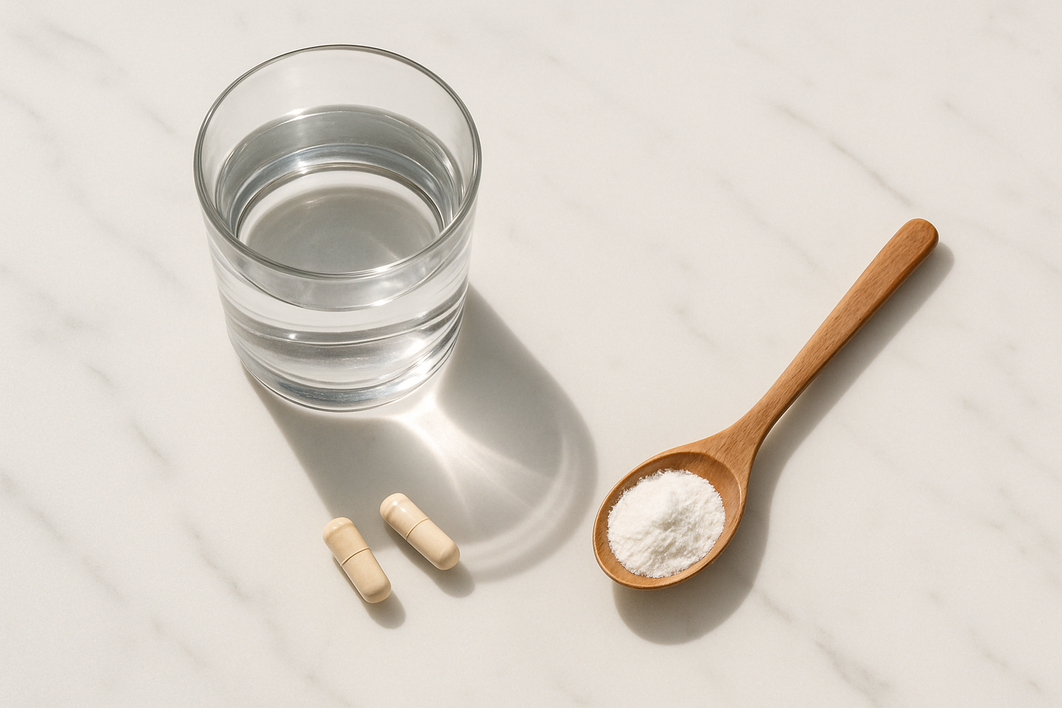 NMN innemen ochtend of avond: capsules en poeder klaargelegd voor de eerste inname van de dag