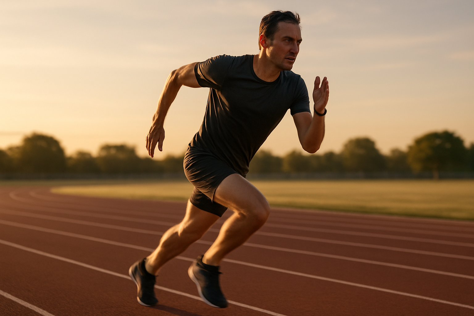 Sporter sprint op atletiekbaan — NMN ondersteunt spierherstel na sport en uithoudingsvermogen