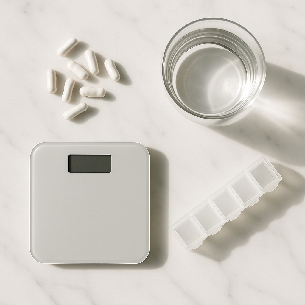 Supplementenprotocol met capsules en pillendoos die dagelijkse NMN-dosering en combinaties symboliseren